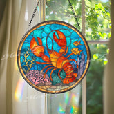 Lobster Stained Glass Suncatcher, Round Ocean Coral Reef Window Panel, Nautical Marine Life Glass Art Coastal Beach House Decor Gift